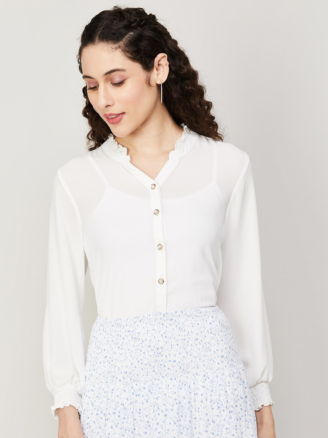 

CODE by Lifestyle Mandarin Collar Shirt Style Top, Off white