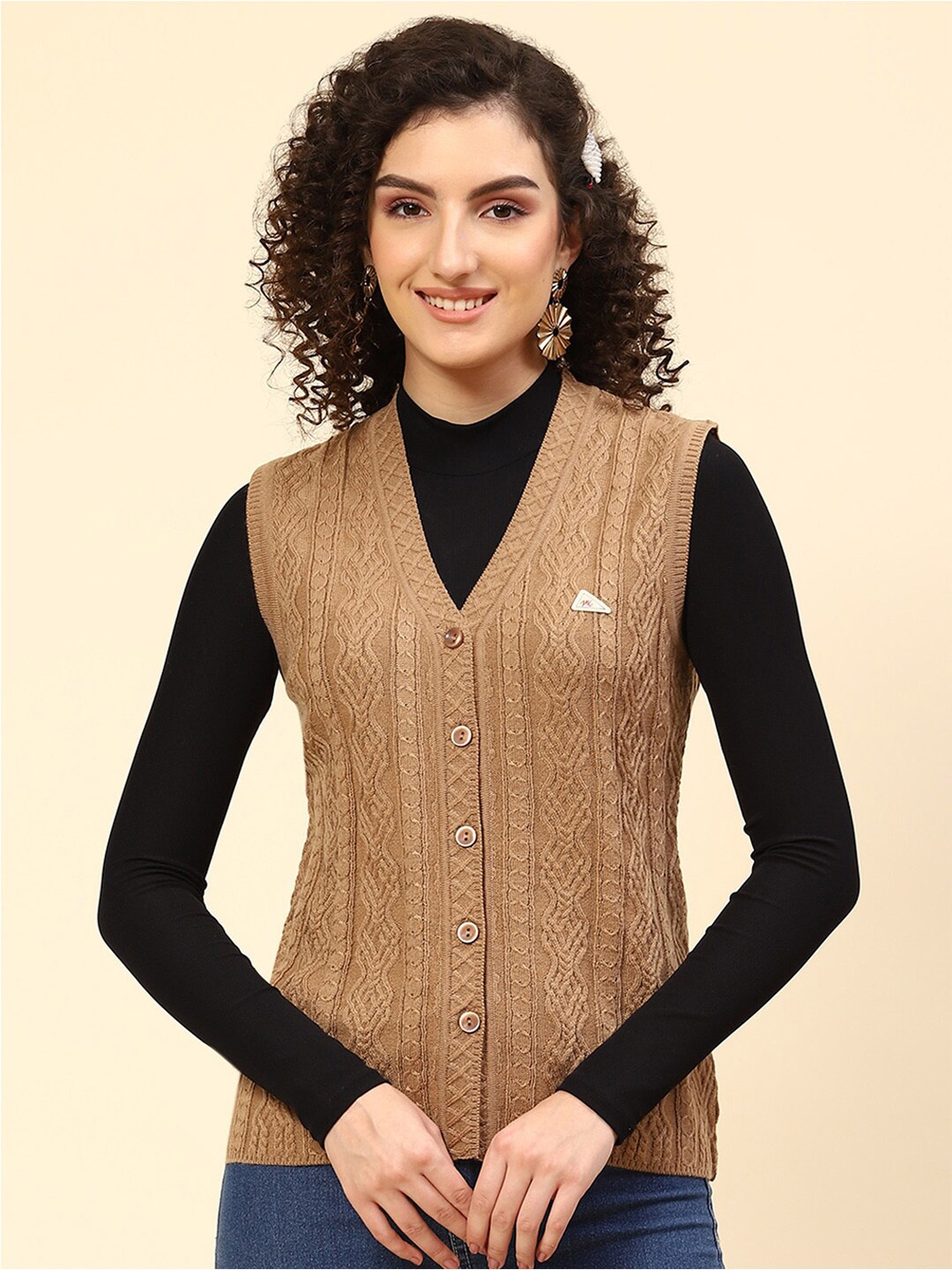 

Monte Carlo Self Design Cable Knit Woollen Cardigan, Camel brown