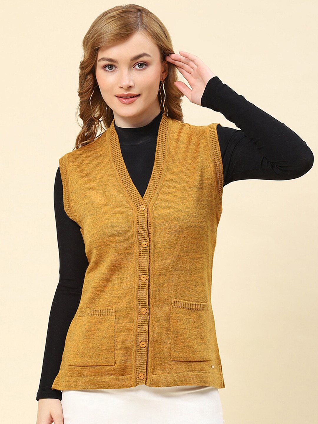 

Monte Carlo V-Neck Woollen Cardigan, Mustard