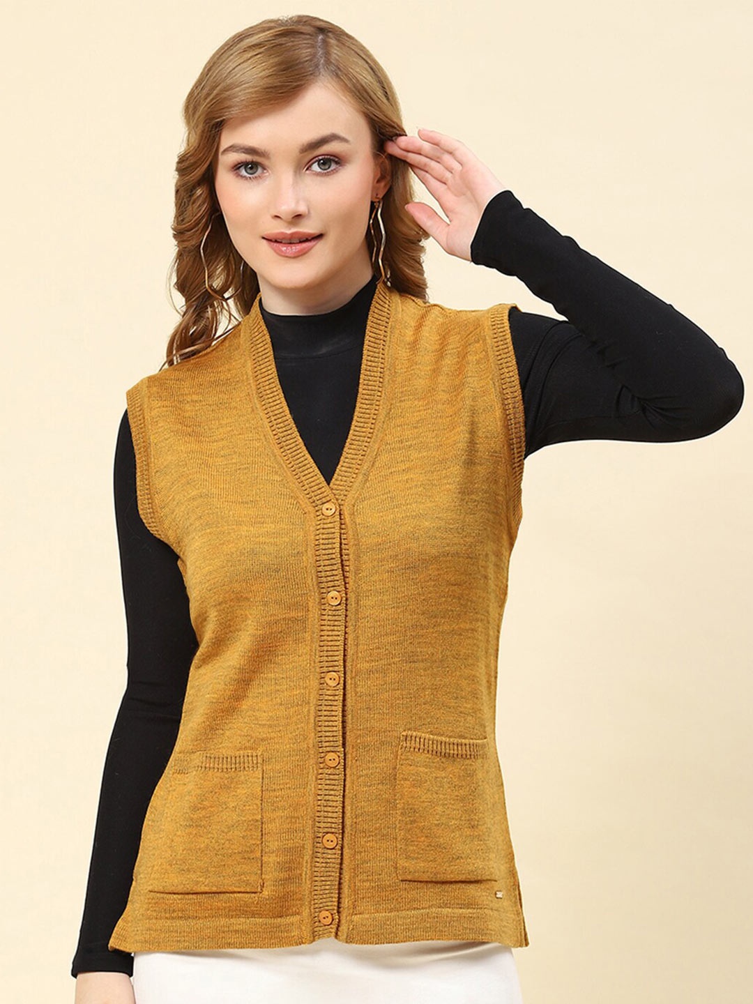 

Monte Carlo V-Neck Woollen Cardigan, Mustard