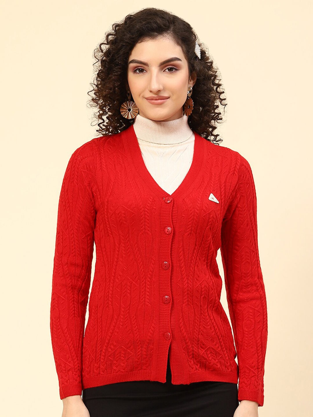 

Monte Carlo Self Design Cable Knit Woollen Cardigan, Red