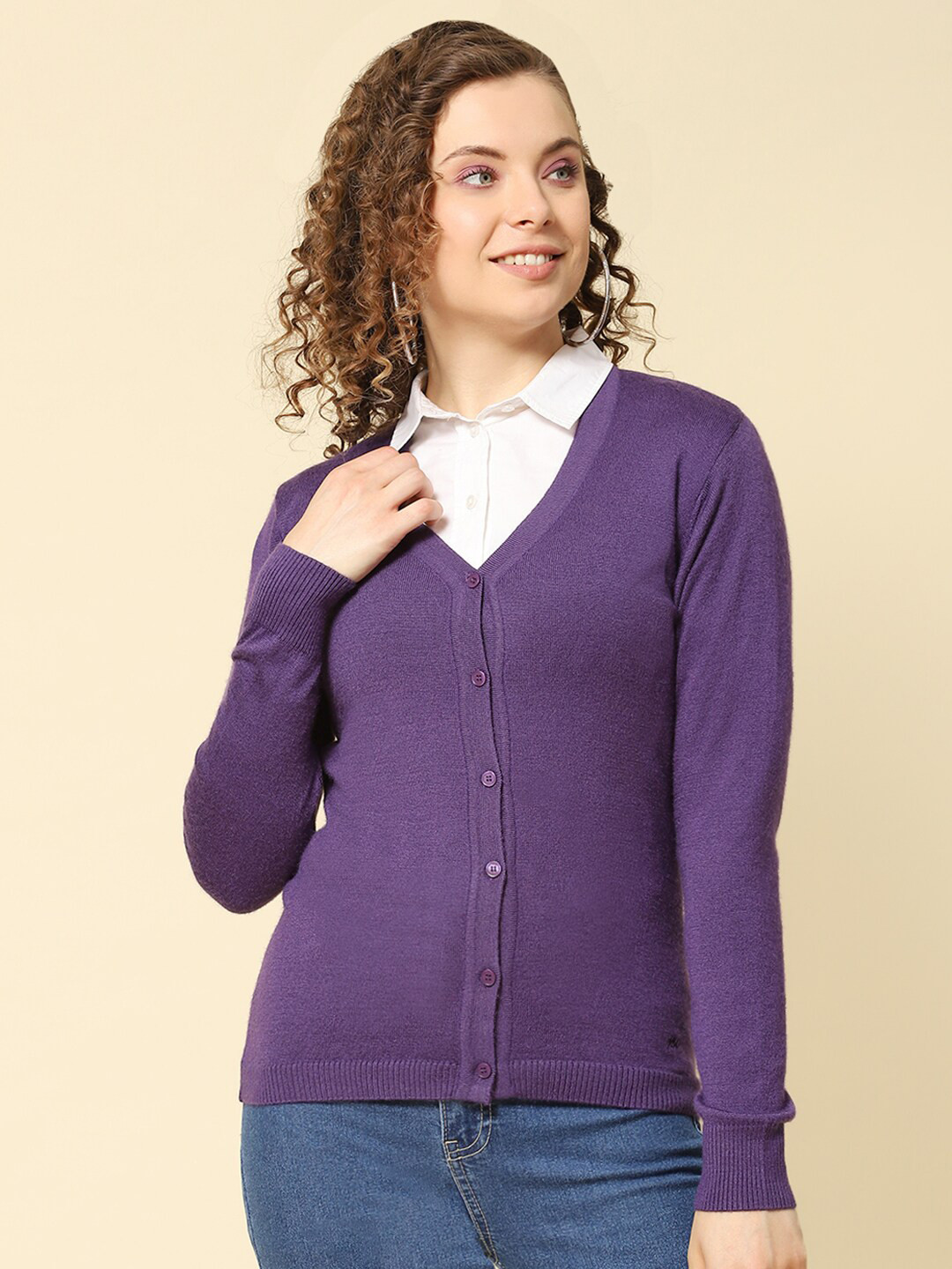 

Monte Carlo V-Neck Full Sleeve Ribbed Modal Cardigan, Purple
