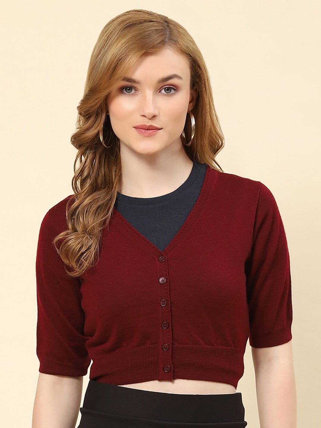 

Monte Carlo V-Neck Woollen Crop Cardigan, Maroon