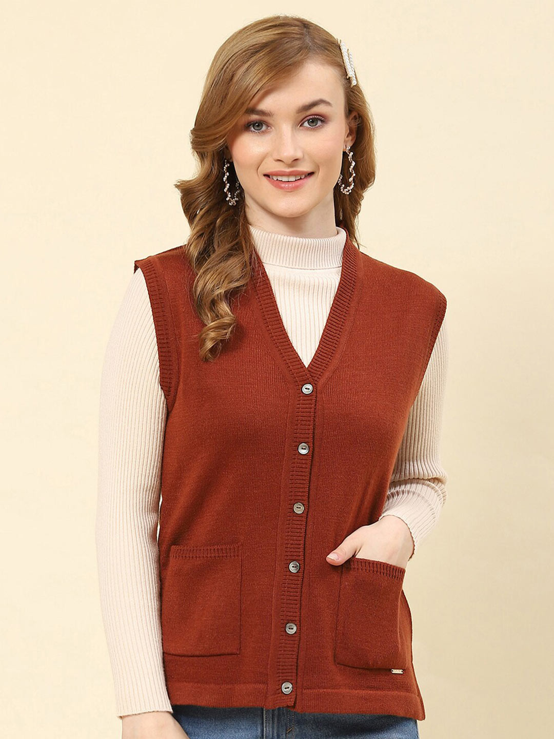 

Monte Carlo V-Neck Sleeveless Cardigan, Brown