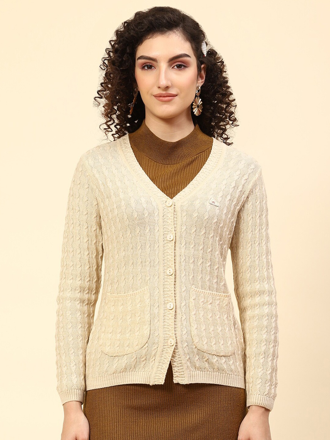 

Monte Carlo Cable Knit V-Neck Woollen Cardigan, Beige