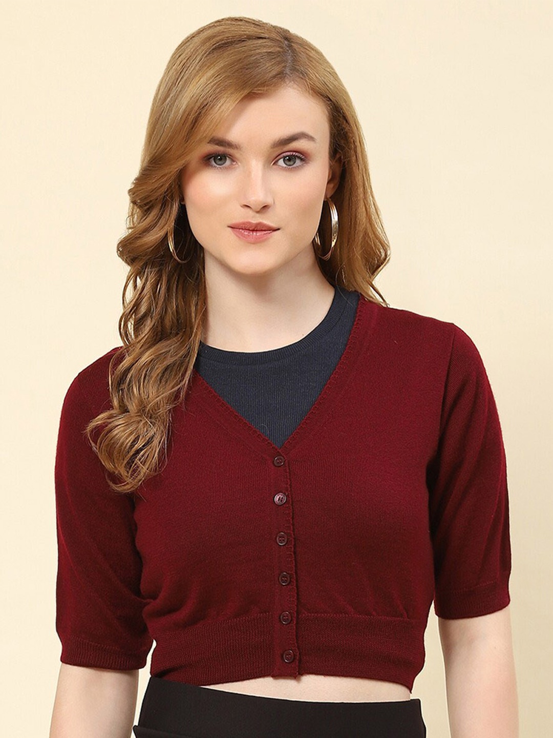 

Monte Carlo V-Neck Crop Woollen Cardigan, Maroon