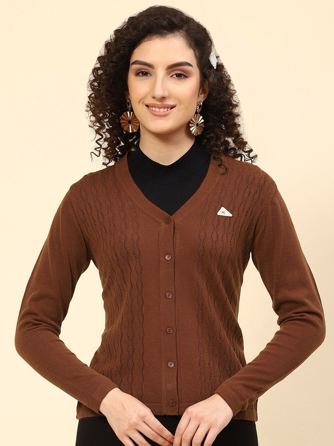 

Monte Carlo Open Knit V-Neck Woollen Cardigan, Brown