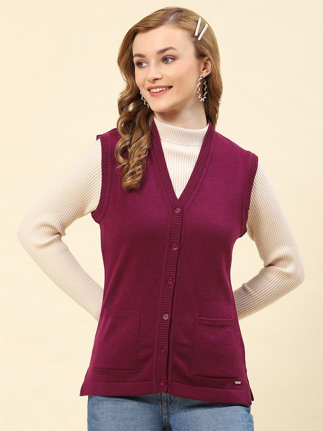 

Monte Carlo V-Neck Sleeveless Cardigan, Burgundy