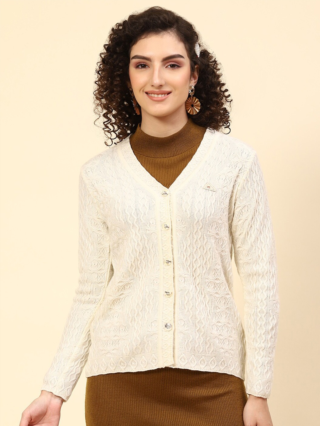 

Monte Carlo Self Design Cable Knit V-Neck Cardigan, Cream