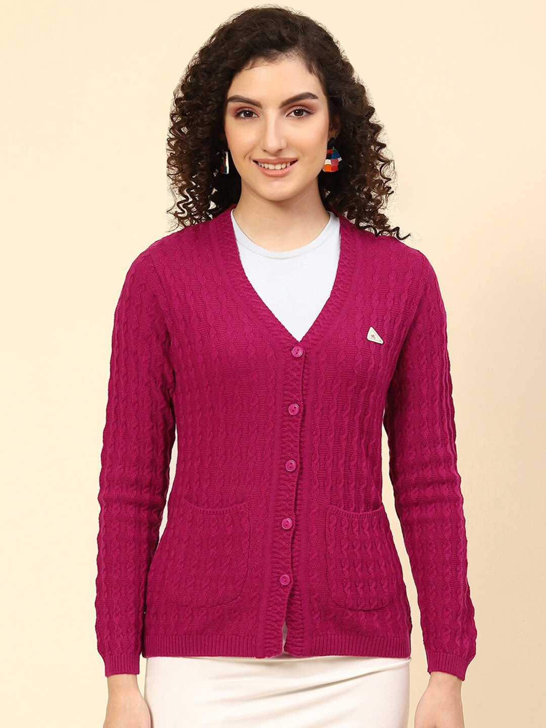 

Monte Carlo V-Neck Full Sleeve Cable Knit Woollen Cardigan, Pink