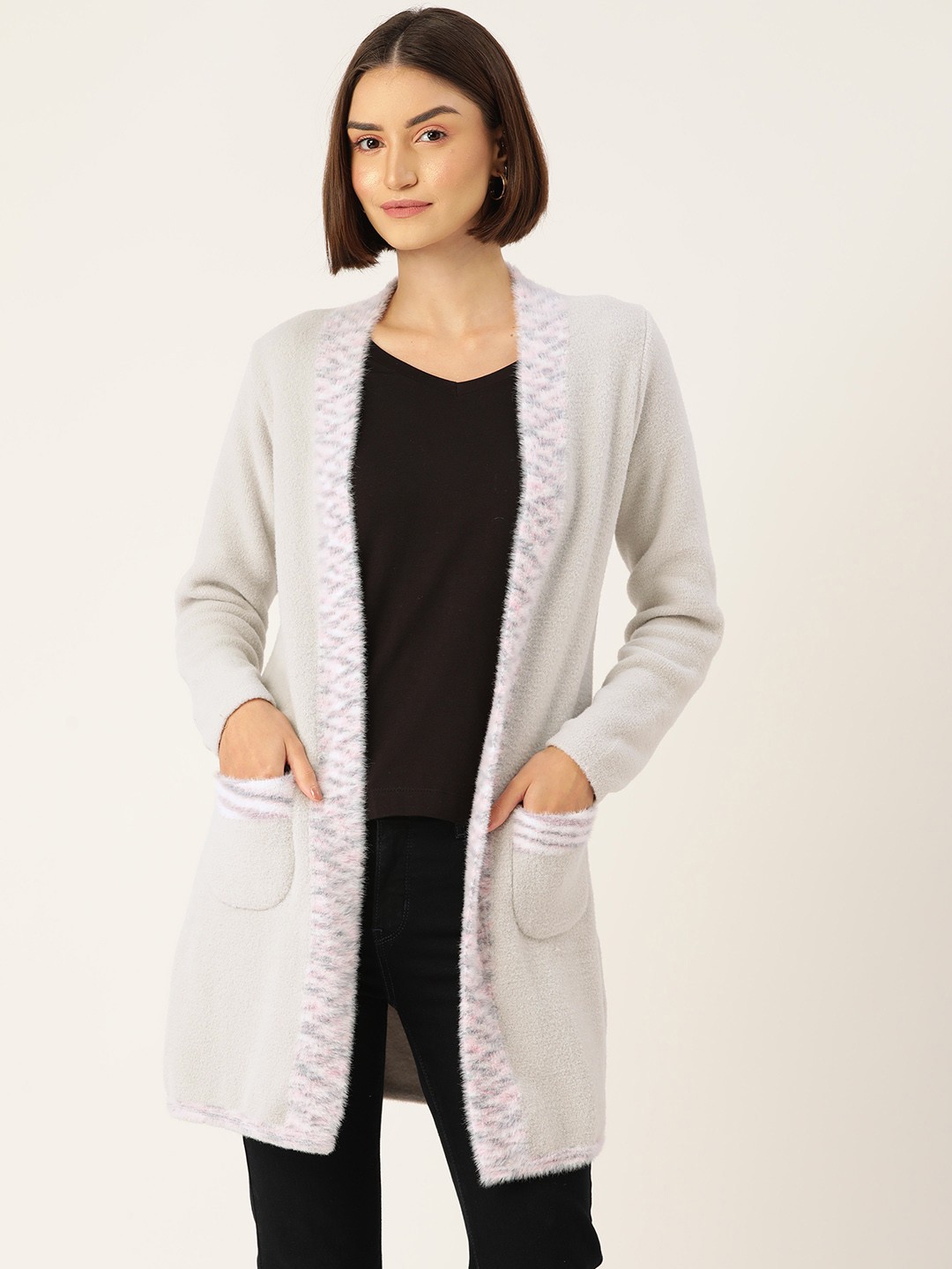 

Monte Carlo Women Longline Front-Open Sweaters, Grey