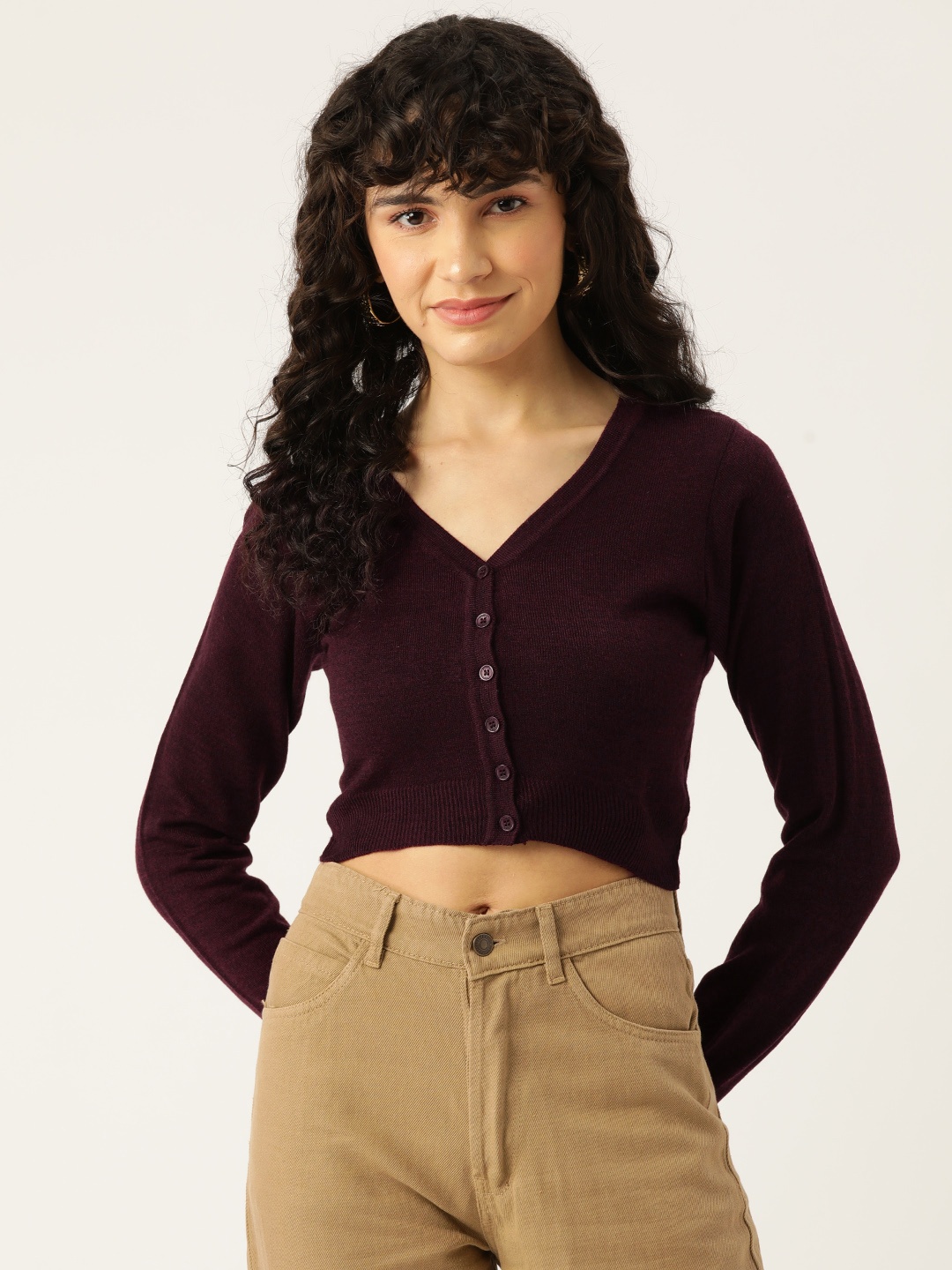 

Monte Carlo V-Neck Crop Cardigan, Burgundy