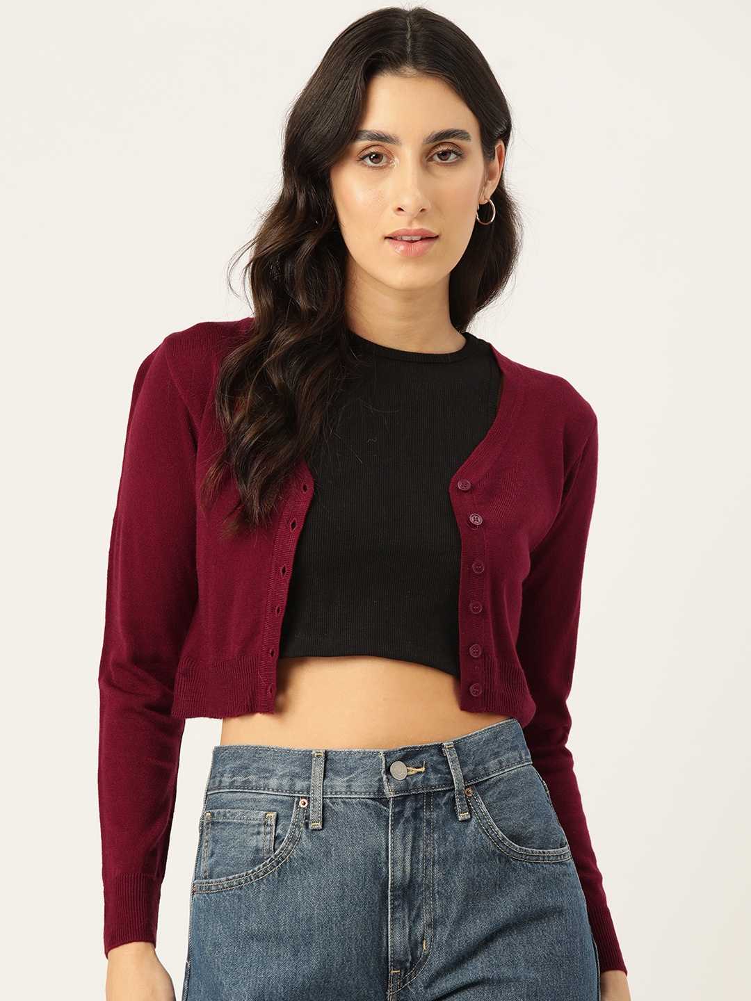 

Monte Carlo V-Neck Crop Cardigan, Maroon