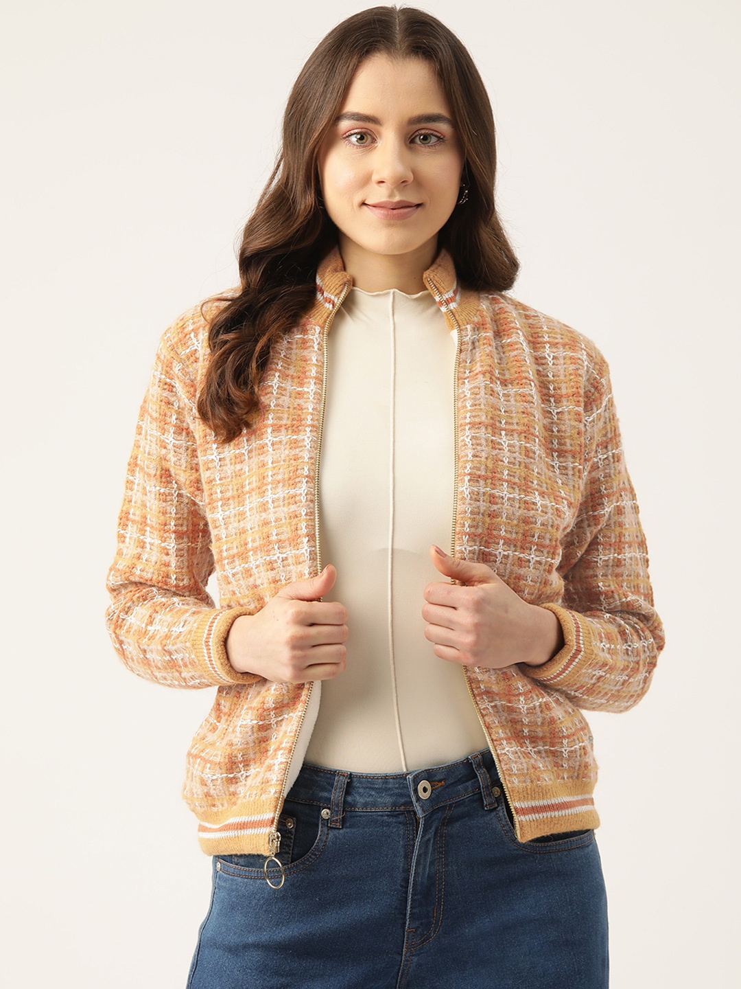

Monte Carlo Tweed Checked Knit Jacket, Mustard