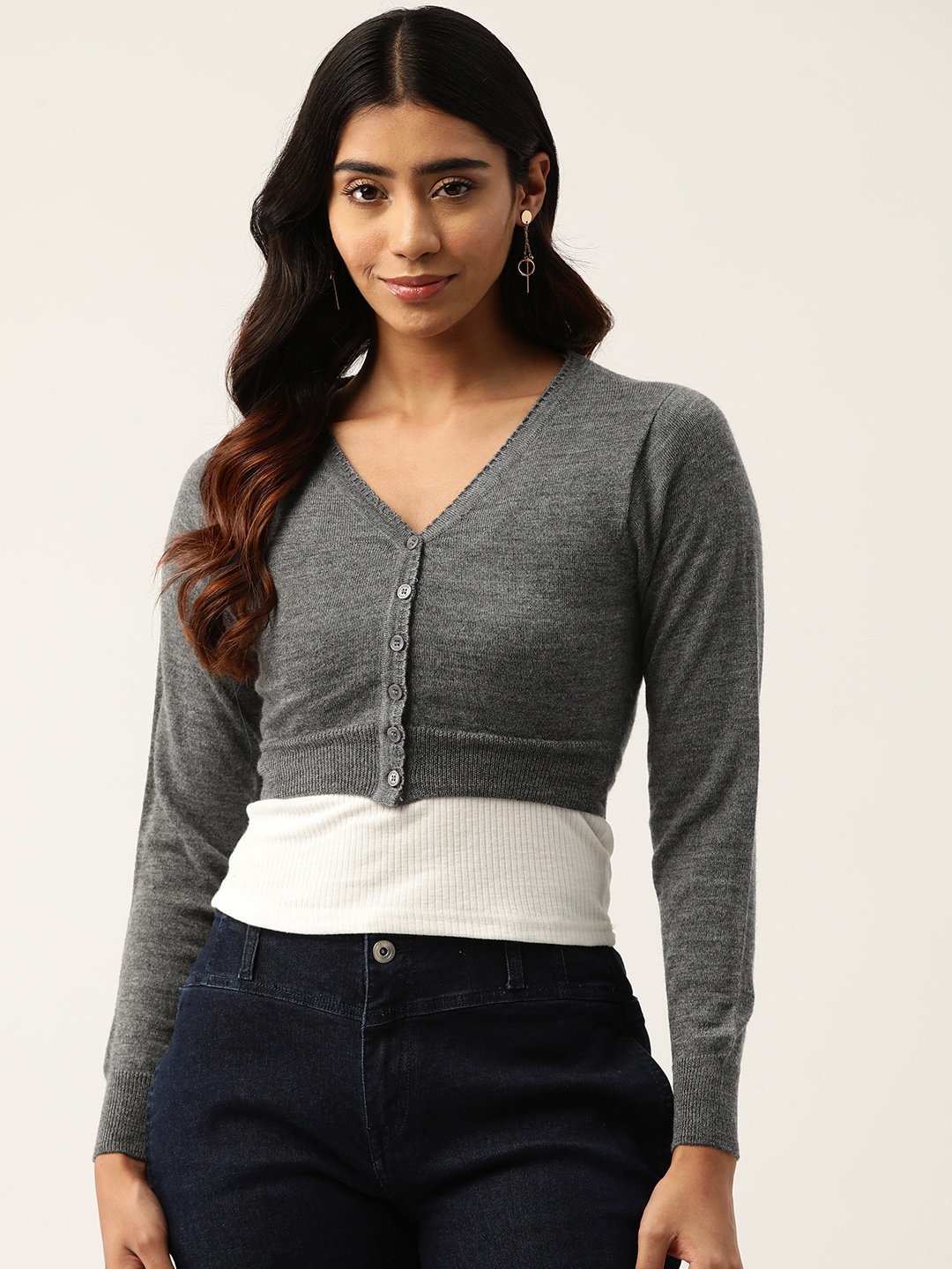 

Monte Carlo Women Woollen Crop Cardigan, Grey melange