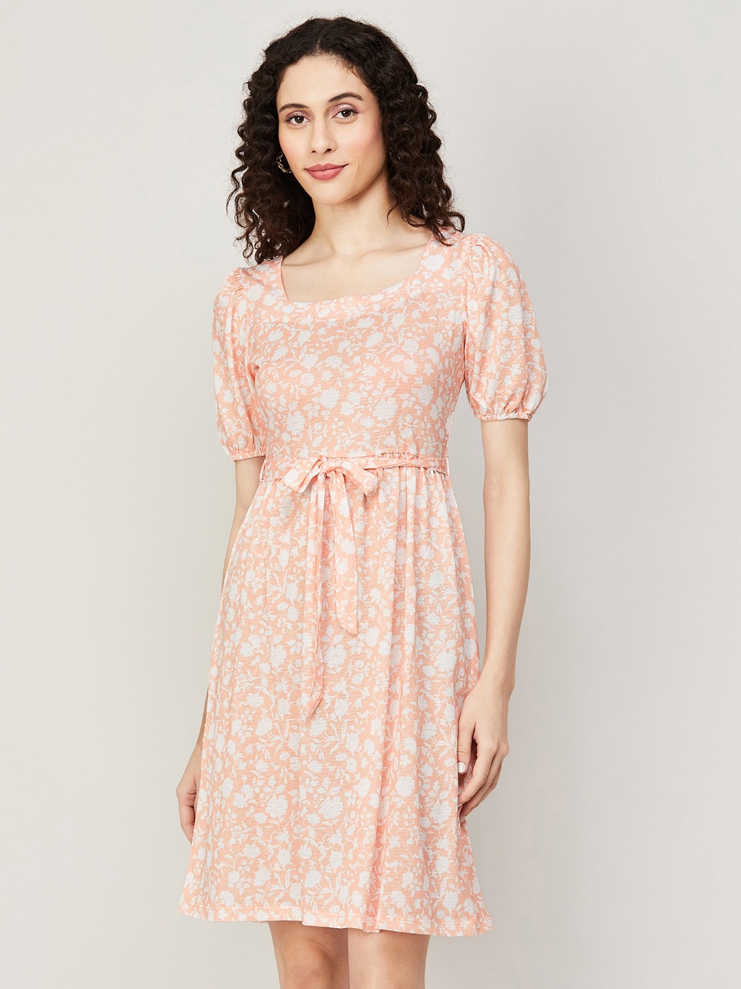 

Fame Forever by Lifestyle Floral Printed Square Neck Belted A-Line Dress, Peach