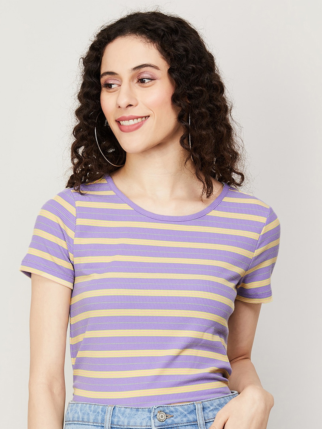 

Fame Forever by Lifestyle Striped Round Neck T-Shirt, Purple
