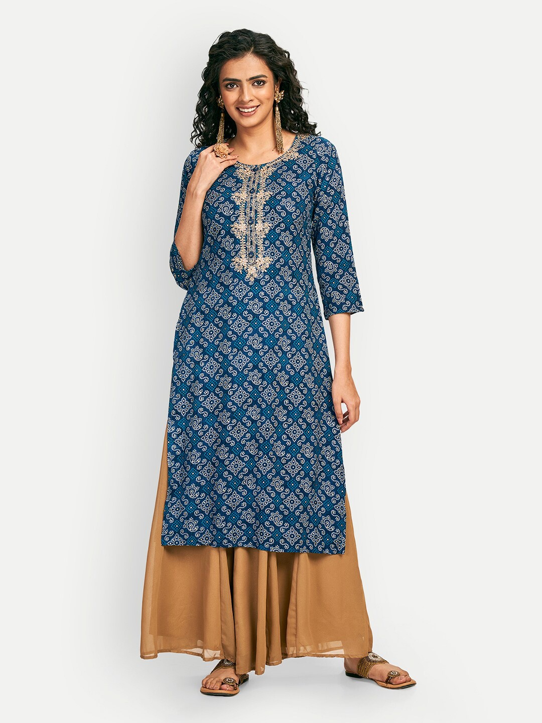 

DRESOUL Bandhani Printed Zari Detailed Straight Kurta, Blue