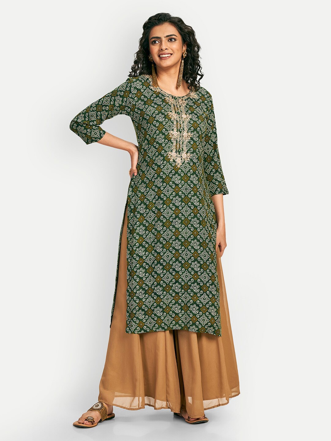 

DRESOUL Bandhani Printed Straight Kurta, Green