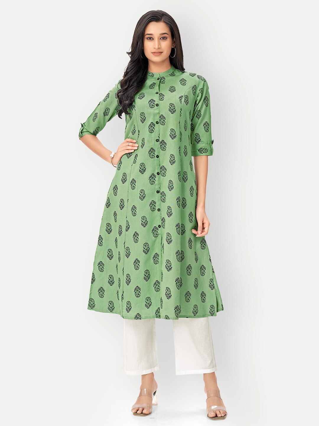 

DRESOUL Floral Printed Pure Cotton A-Line Kurta, Green