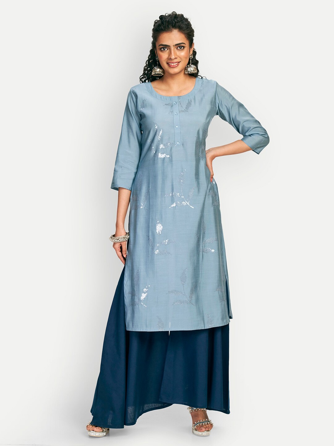 

DRESOUL Sequinned Detailed Chanderi Straight Kurta, Blue