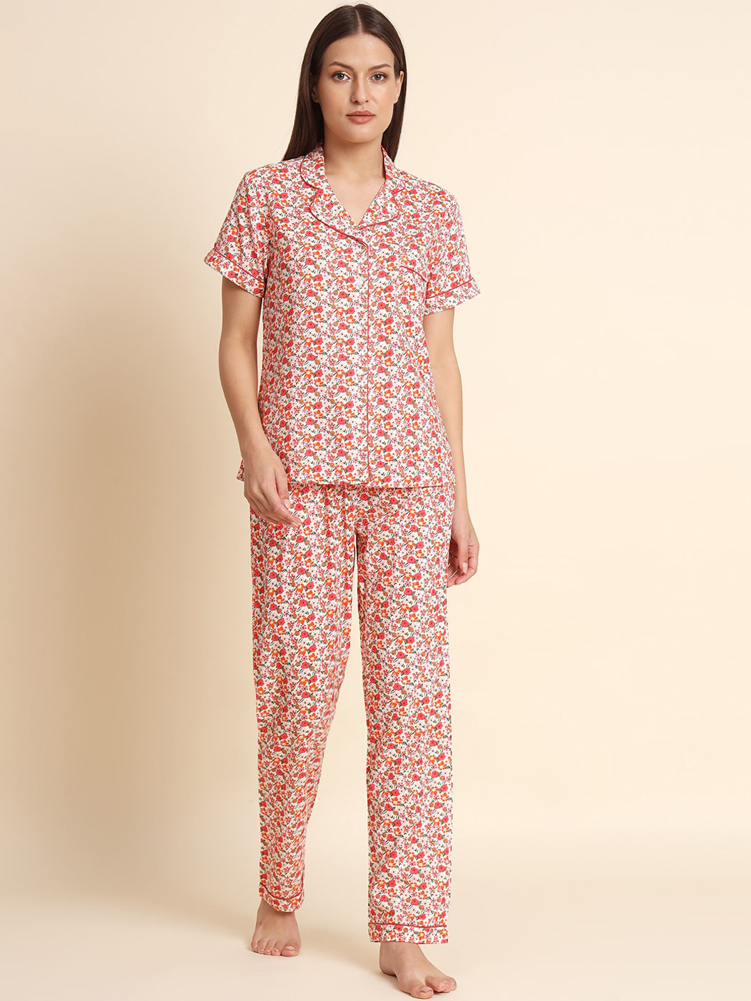 

HERE&NOW Floral Printed Lapel Collar Pure Cotton Night suit, Pink