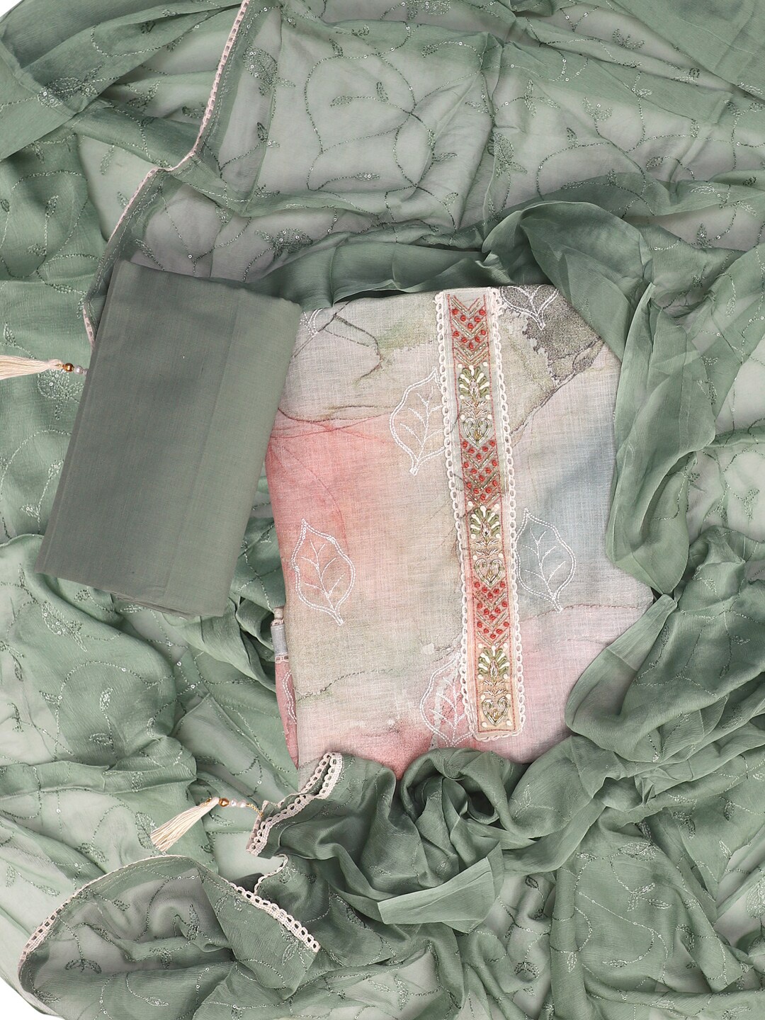 

SALWAR STUDIO Floral Embroidered Pure Cotton Unstitched Dress Material, Green
