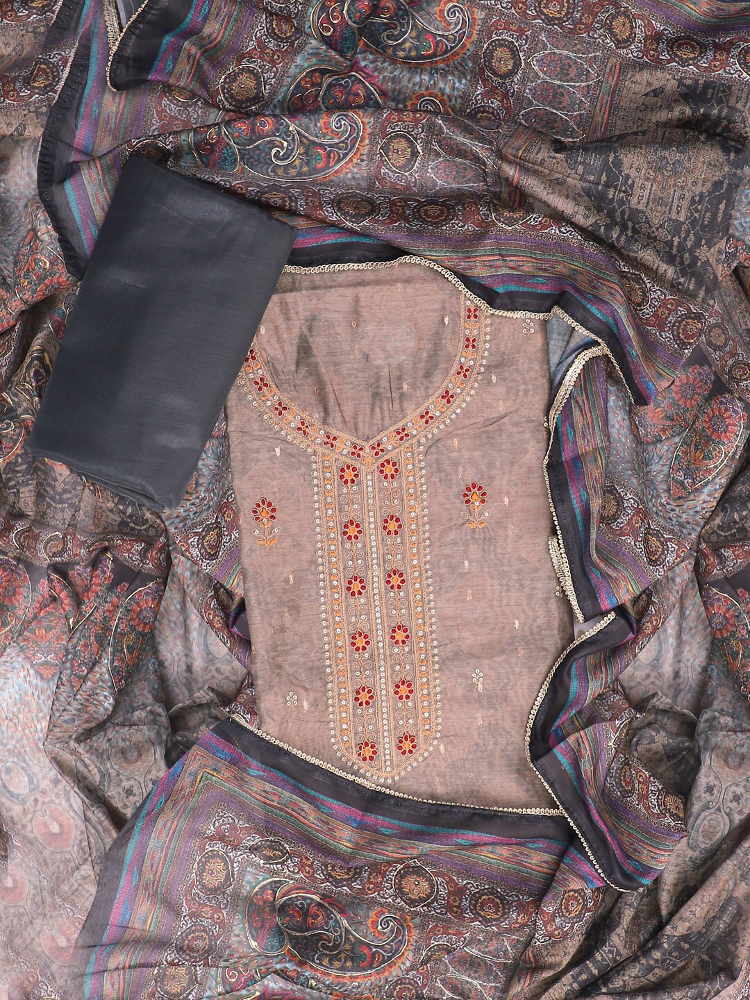 

SALWAR STUDIO Floral Printed Cotton Unstitched Dress Material, Grey