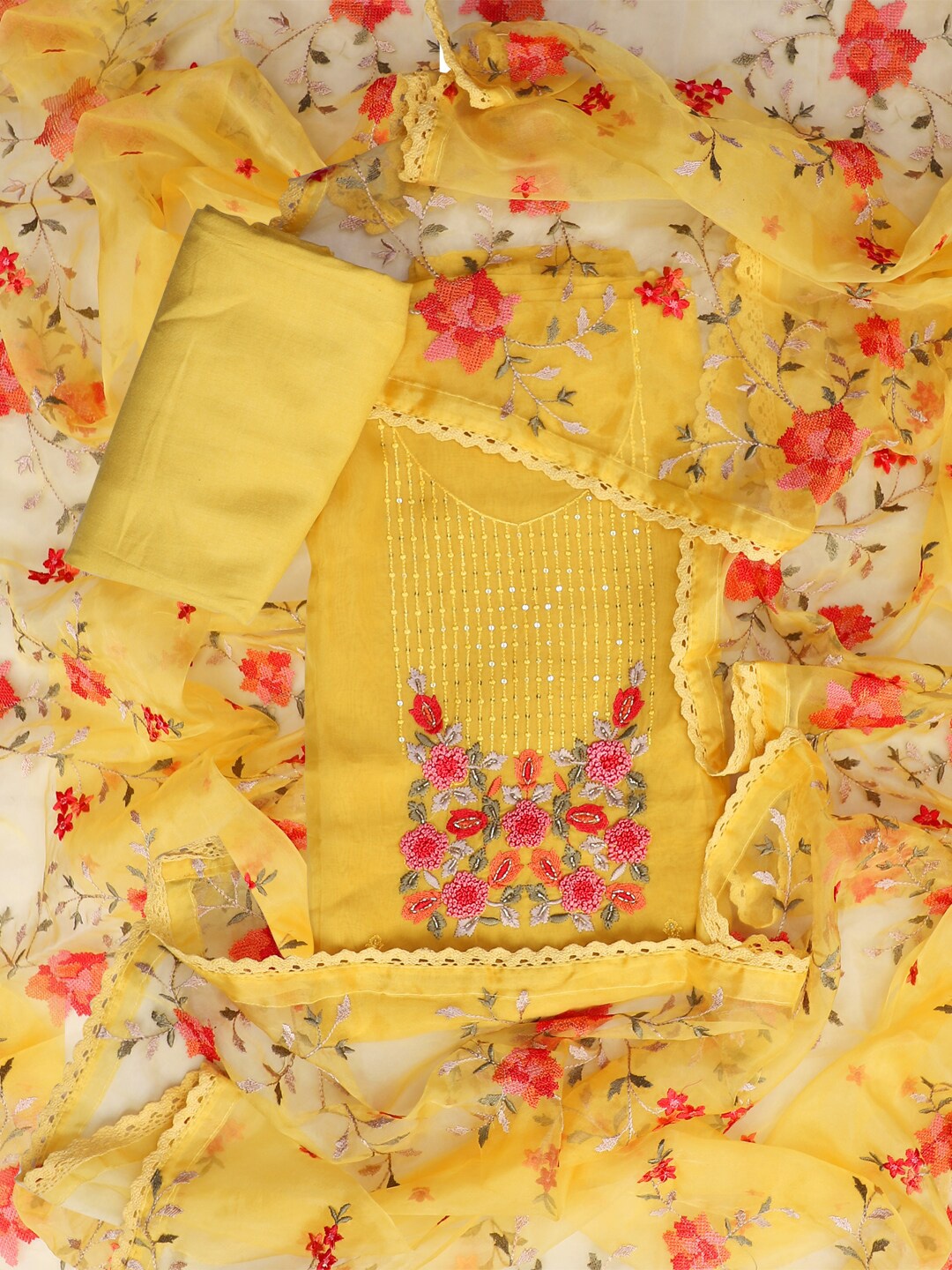 

SALWAR STUDIO Floral Printed Organza Unstitched Dress Material, Yellow