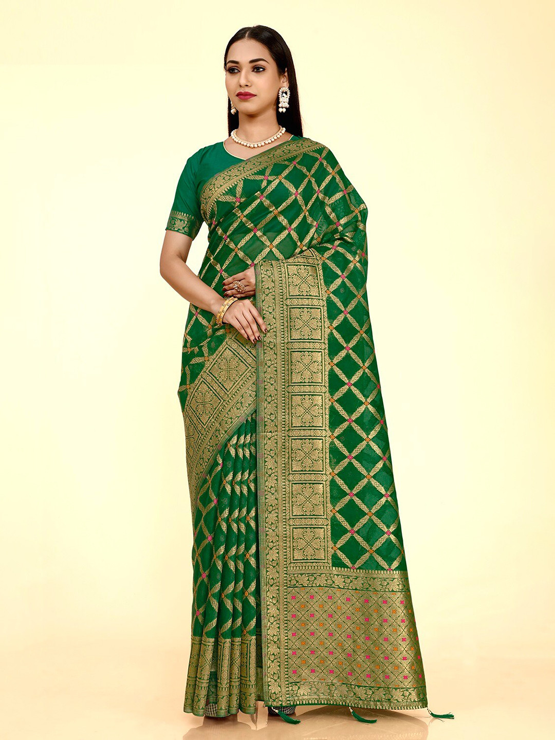 

FLOURIOUS Woven Design Zari Organza Banarasi Saree, Green