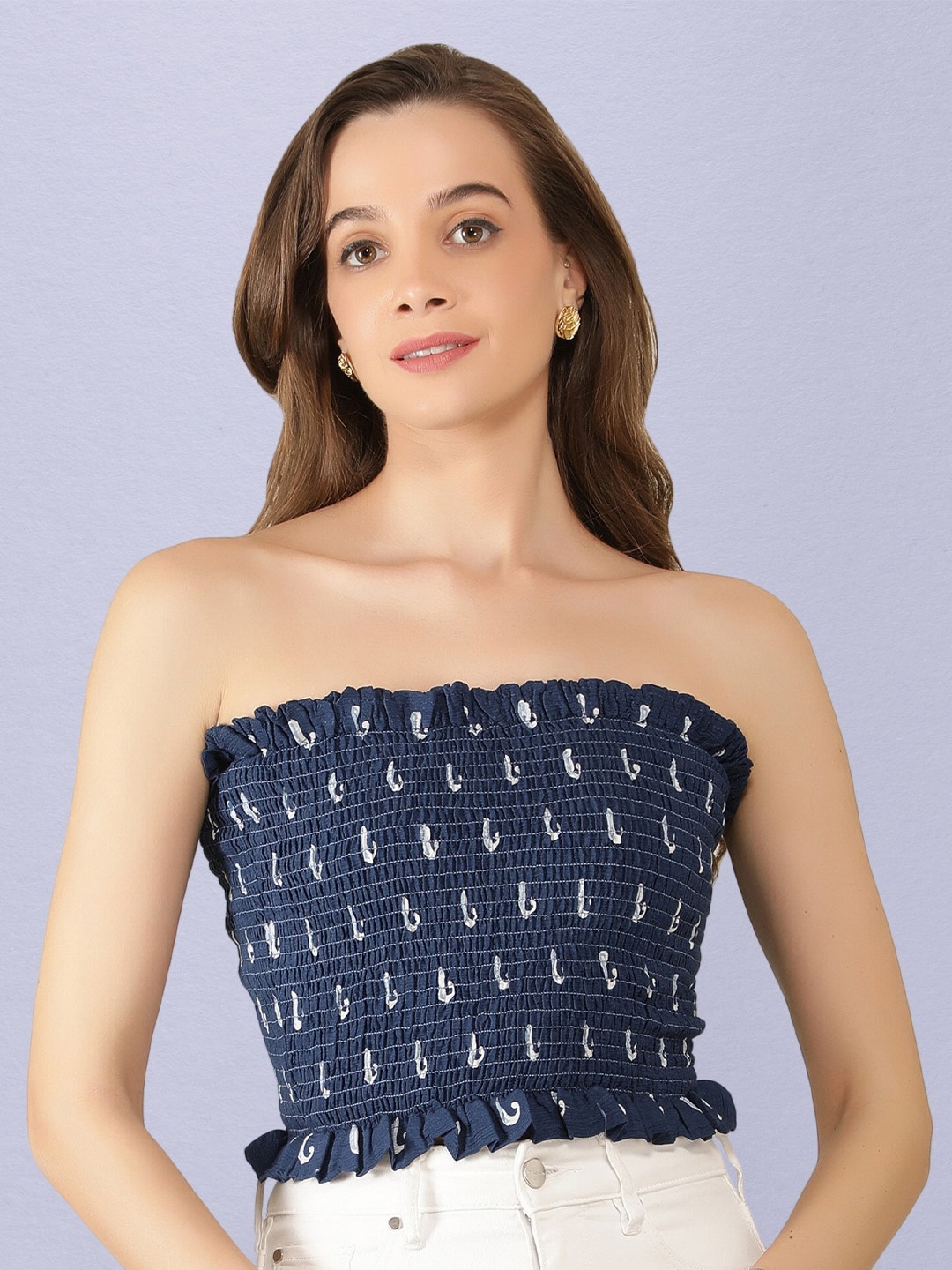 

NUEVOSDAMAS Paisley Print Off-Shoulder Tube Crop Top, Blue