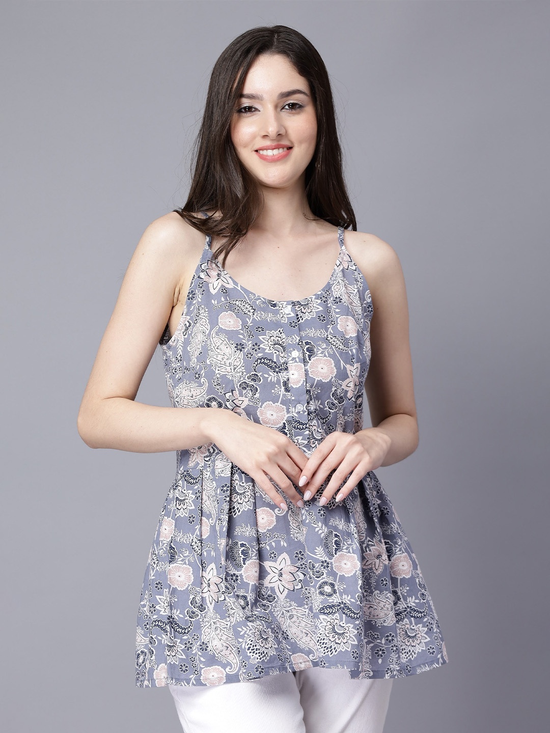 NUEVOSDAMAS Floral Print Sleeveless Cotton Top, Grey