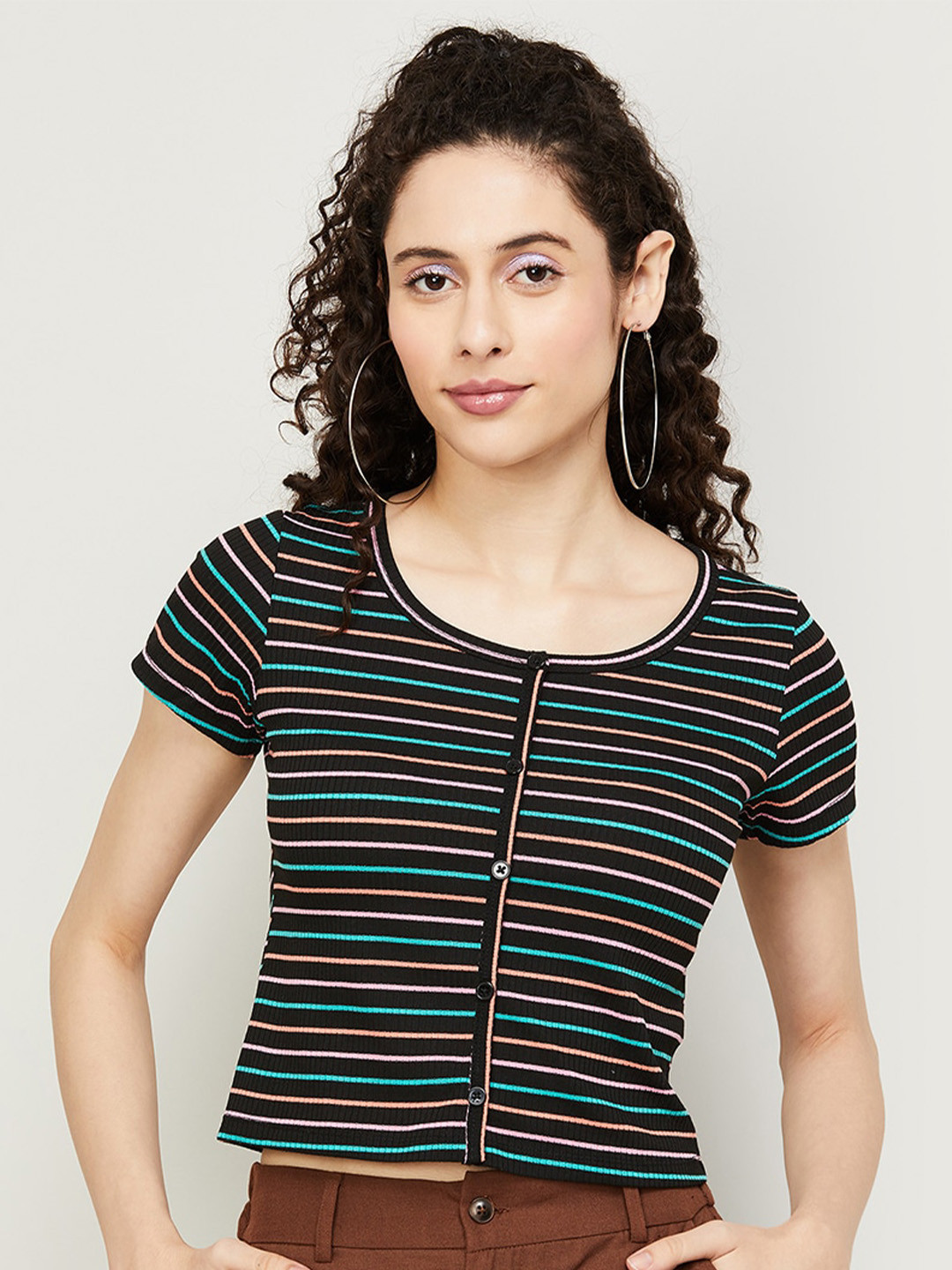 

Ginger by Lifestyle Horizontal Striped Crop Shirt Style Top, Black