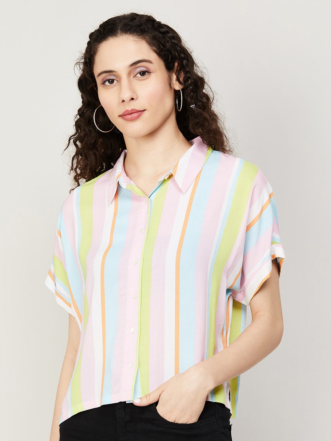 

Ginger by Lifestyle Vertical Stripes Spread Collar Shirts, Pink