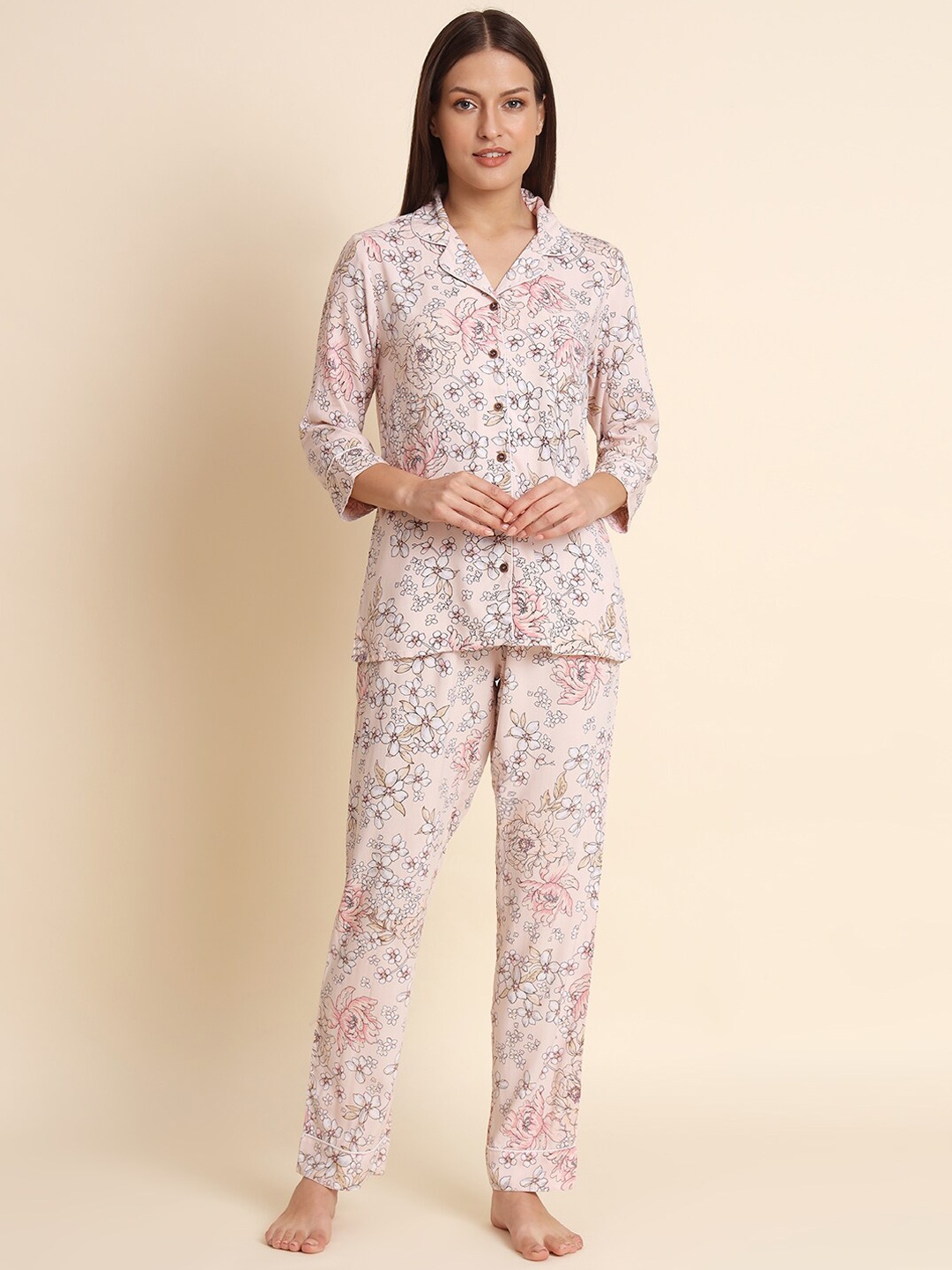 

Kashana Floral Printed Lapel Collar Night suit, Pink