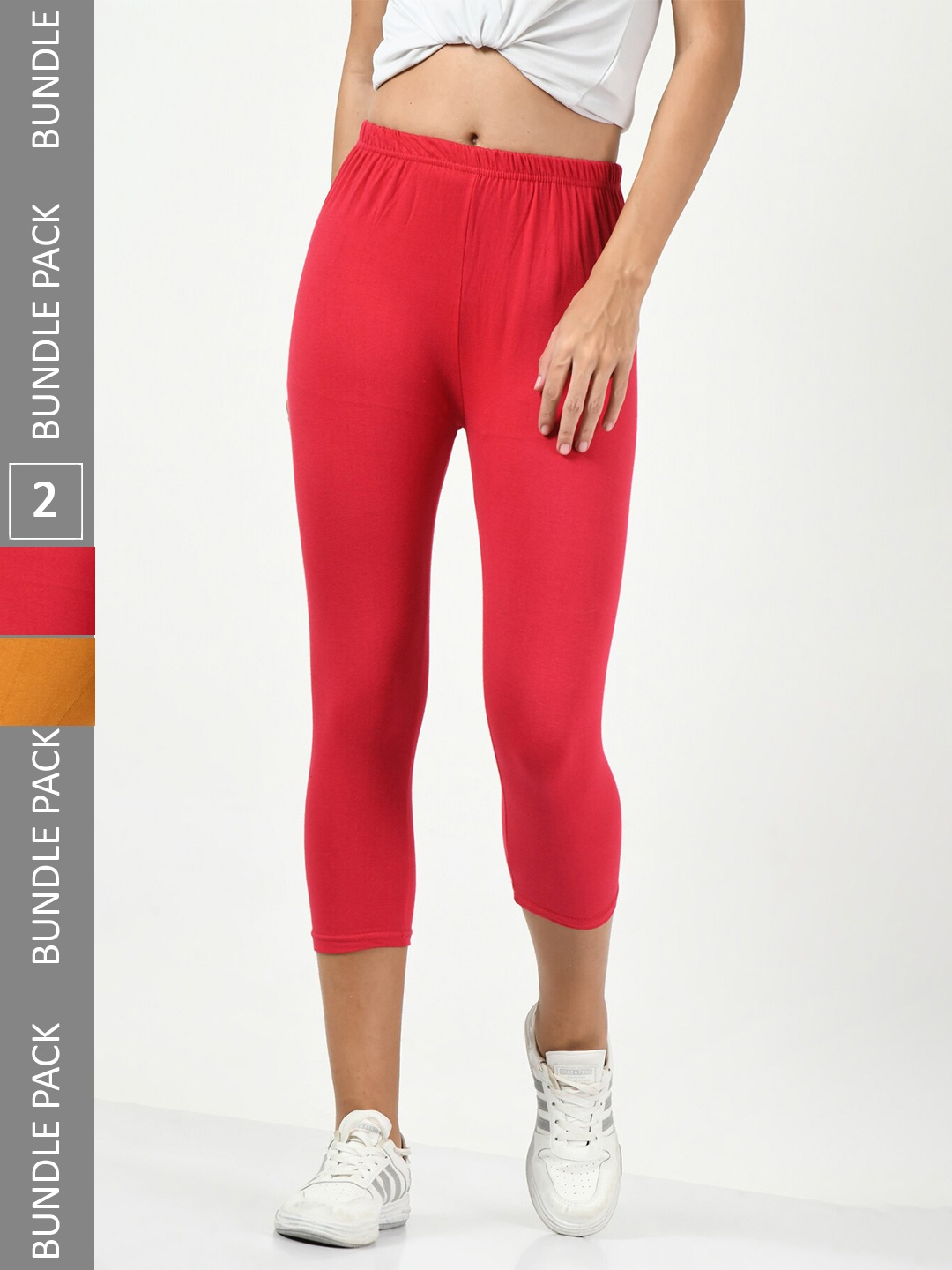 

BAESD Women Pack Of 2 Mid Rise Cotton Lycra Capris, Red