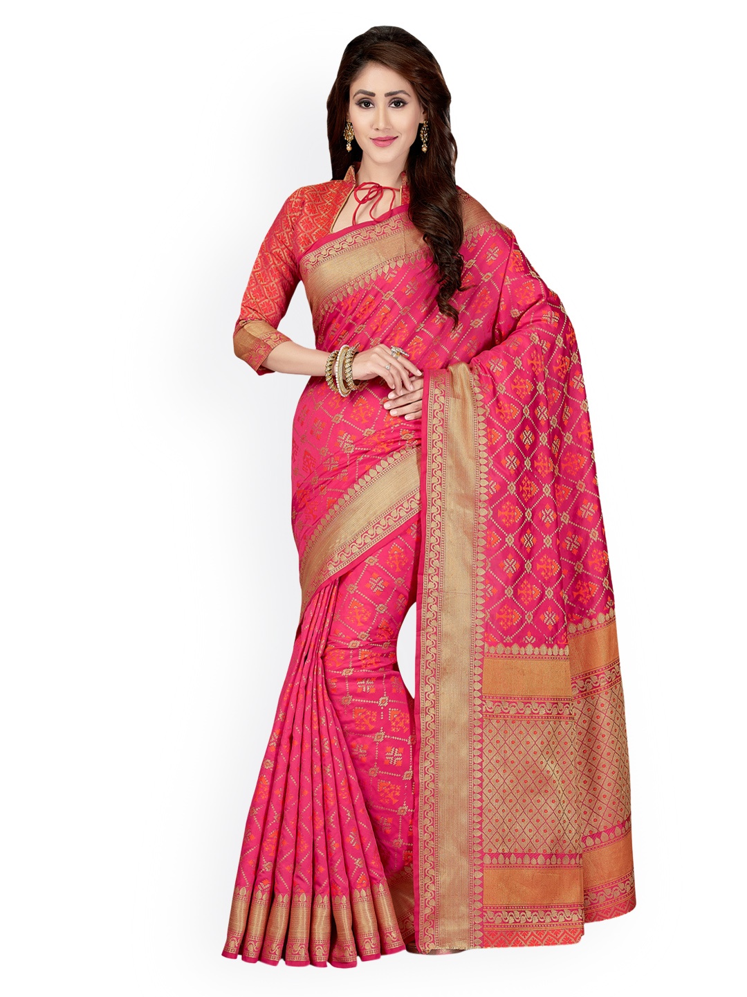 

Saree Swarg Pink Silk Blend Woven Design Banarasi Saree