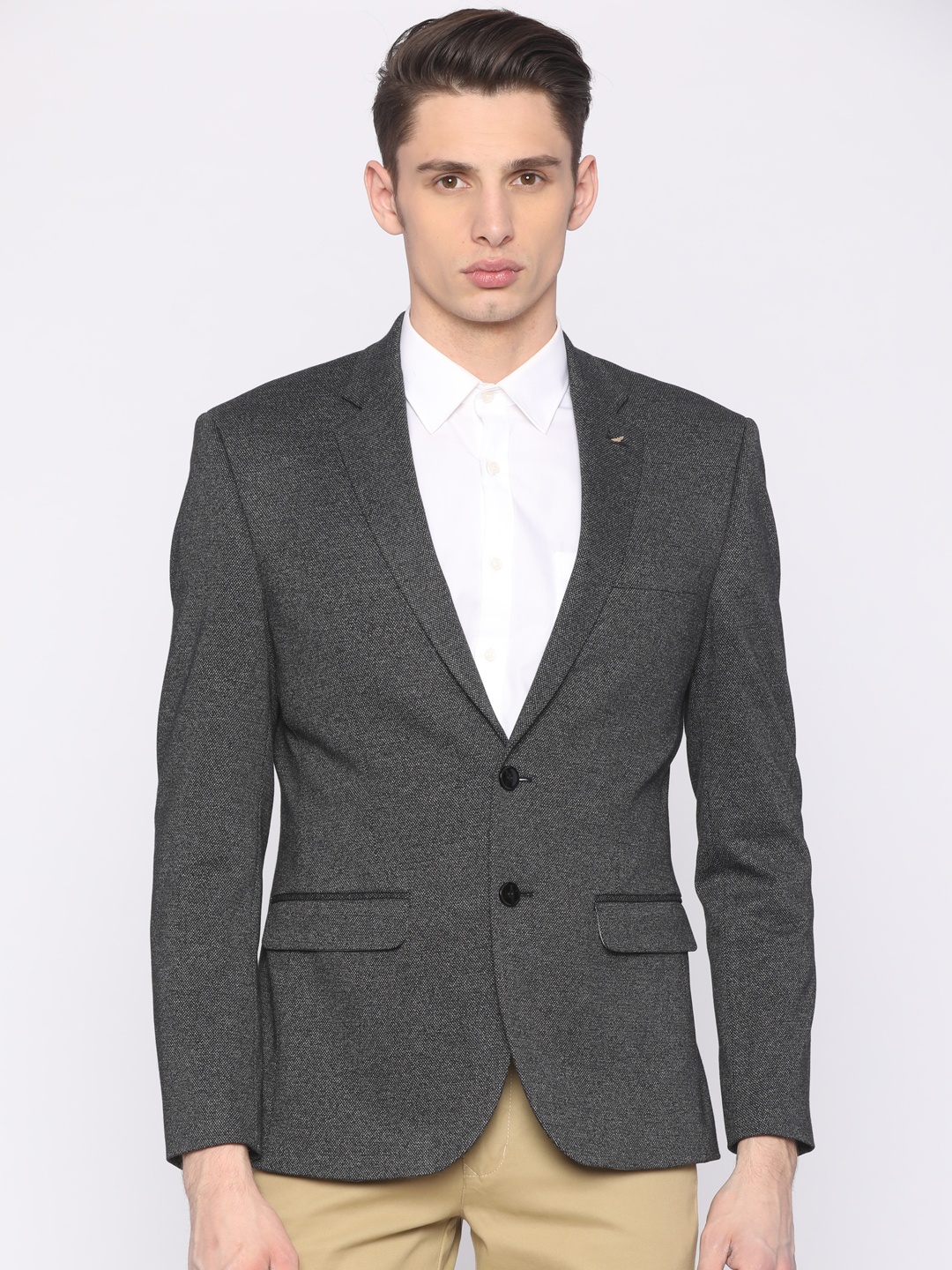 

Park Avenue Charcoal Grey Self-Design Super Slim Fit Formal Blazer