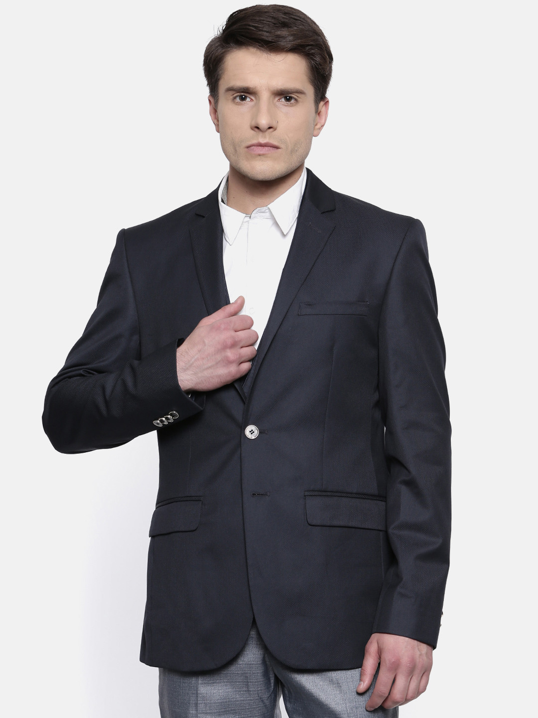

Park Avenue Navy Blue Solid Super Slim Fit Single Breasted Formal Blazer