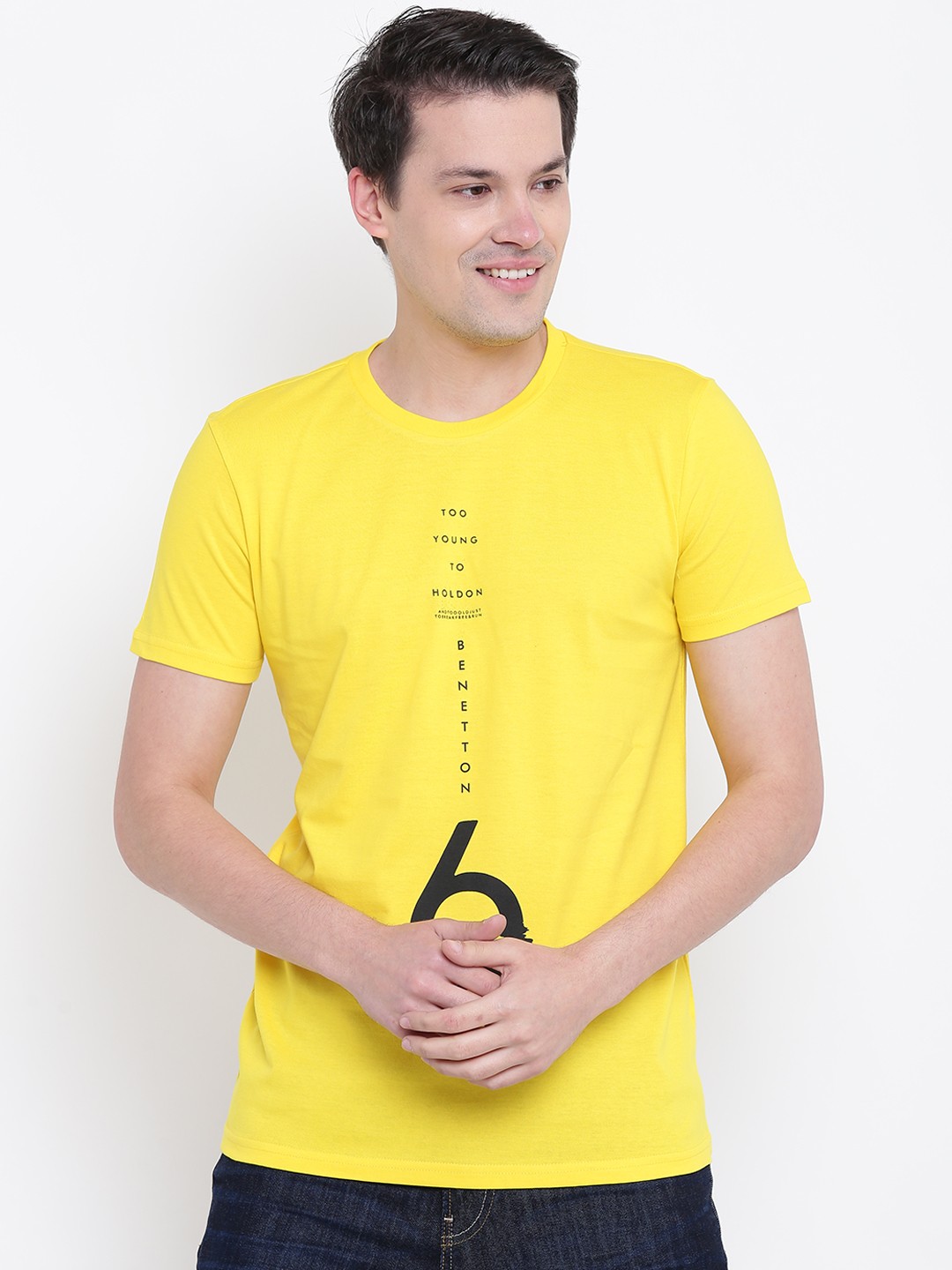 

United Colors of Benetton Men Yellow Printed Round Neck Pure Cotton T-shirt