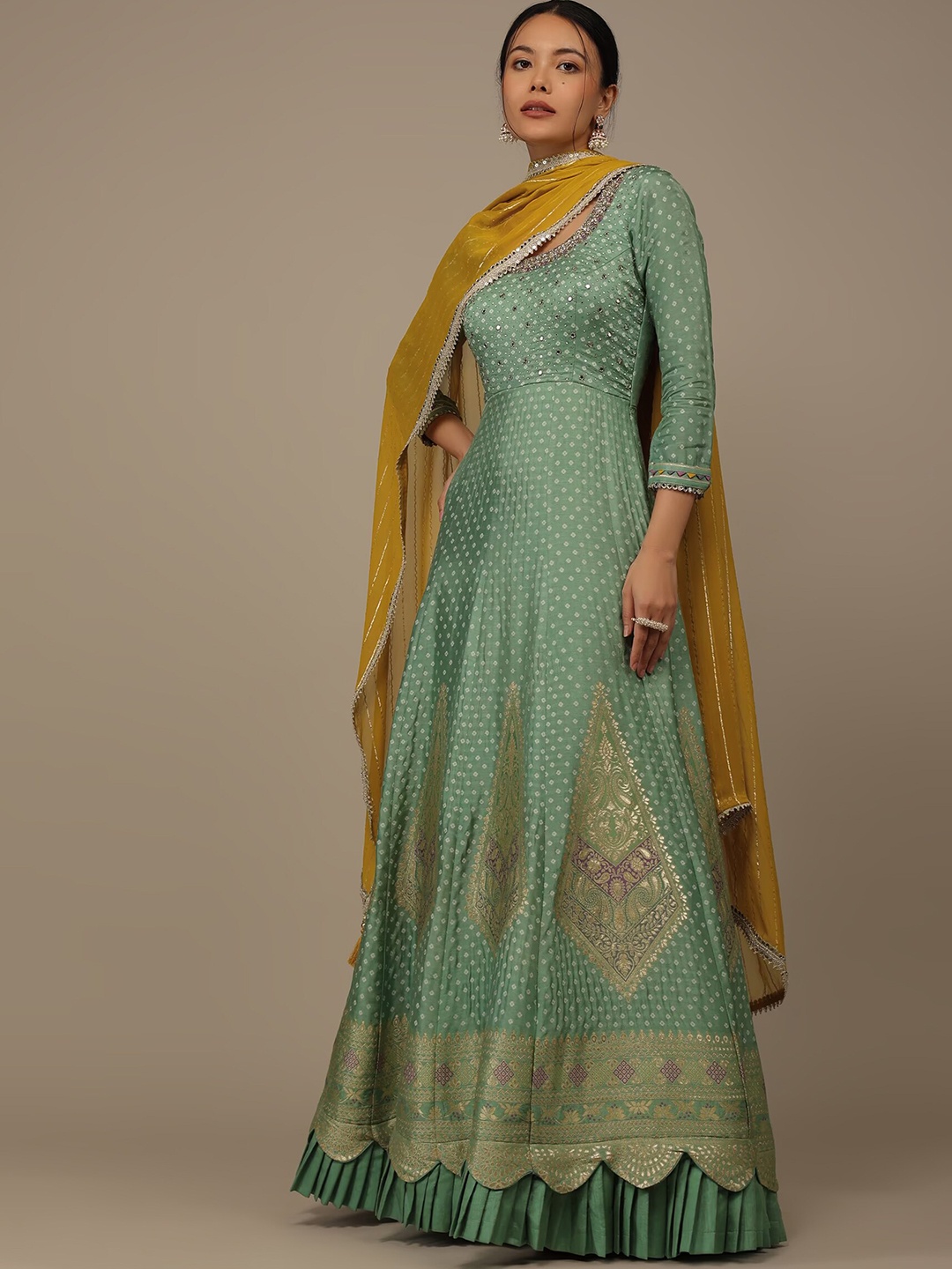 

KALKI Fashion Pure Silk Round Neck Gotta patti Kurta Set with Dupatta, Green