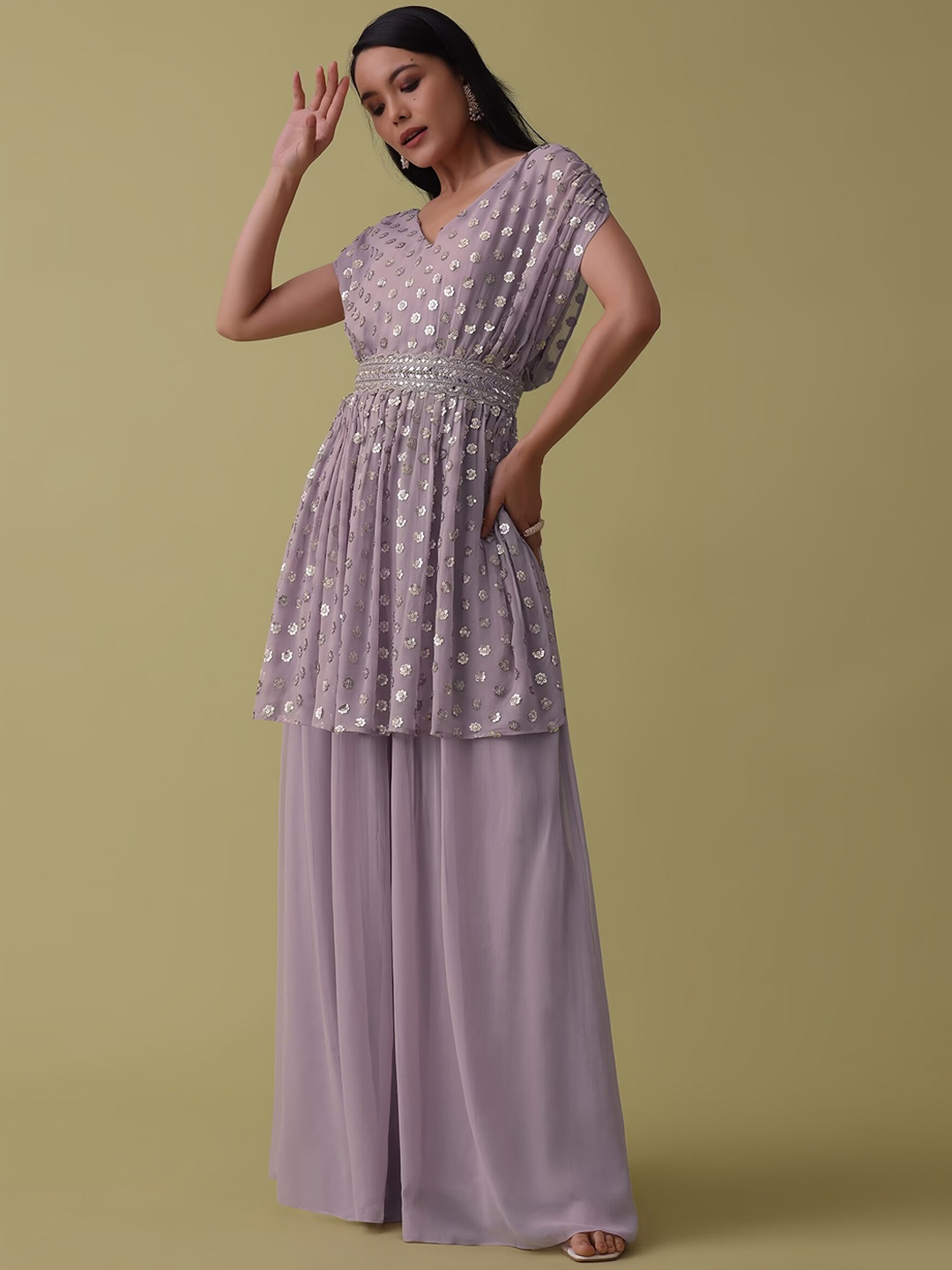 

KALKI Fashion Floral Embroidered Angrakha Sequinned Kurta With Palazzos, Purple