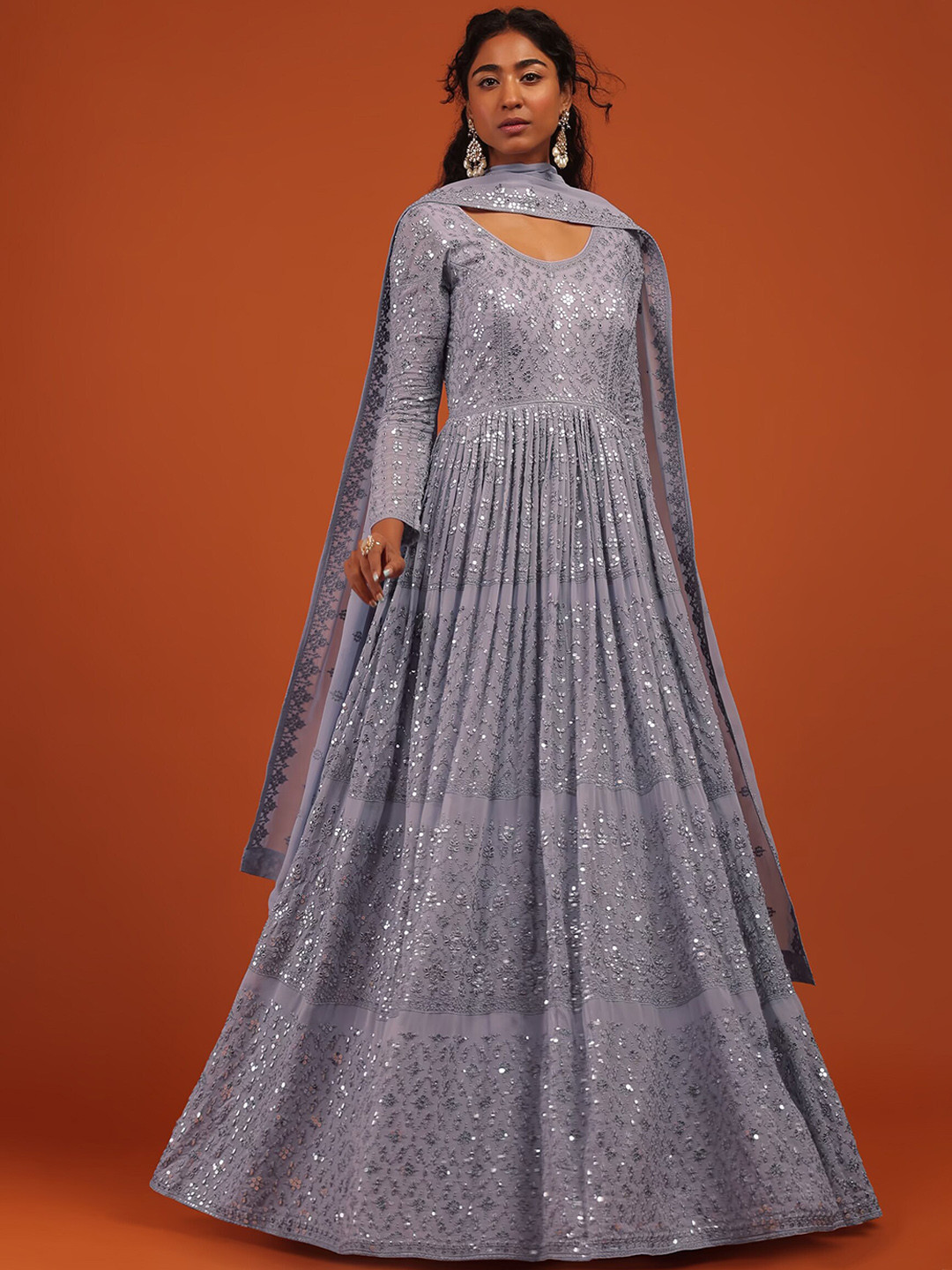 

KALKI Fashion Ethnic Motifs Embroidered Sequinned Georgette Fit & Flare Dress With Dupatta, Grey