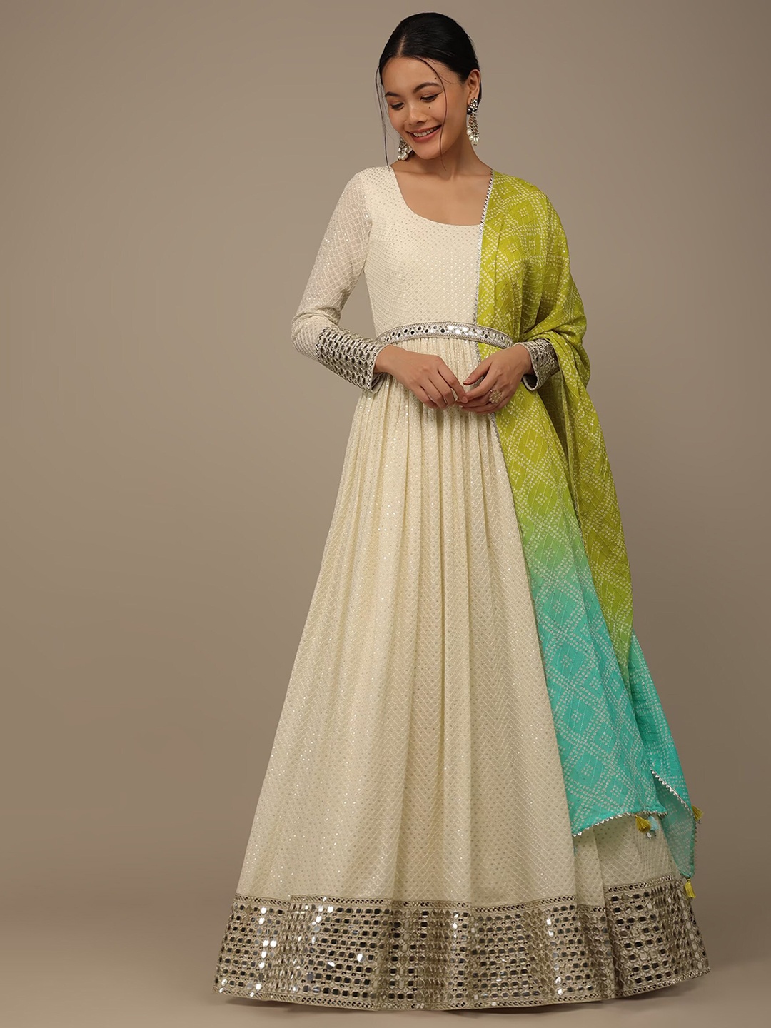 

KALKI Fashion White Mirror Work Anarkali Kurta Set with Green & Blue Dupatta