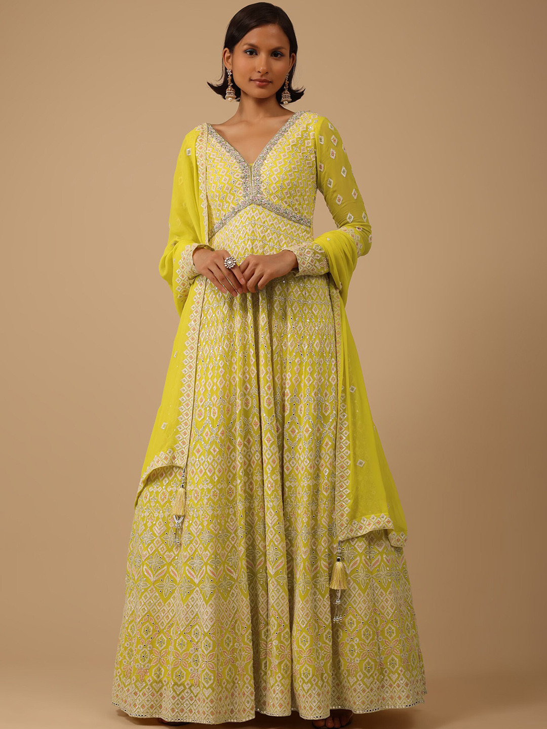 

KALKI Fashion Ethnic mbroidered Sequined Georgette Fit & Flare Ethnic Dress With Dupatta, Yellow