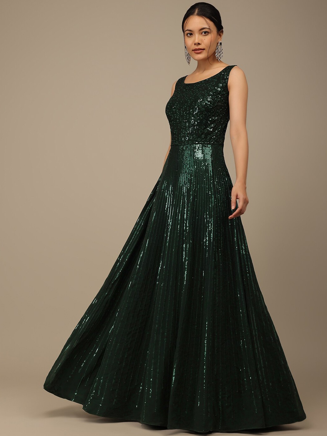 

KALKI Fashion Floral Embroidered Sequinned A-Line Maxi Dress, Green