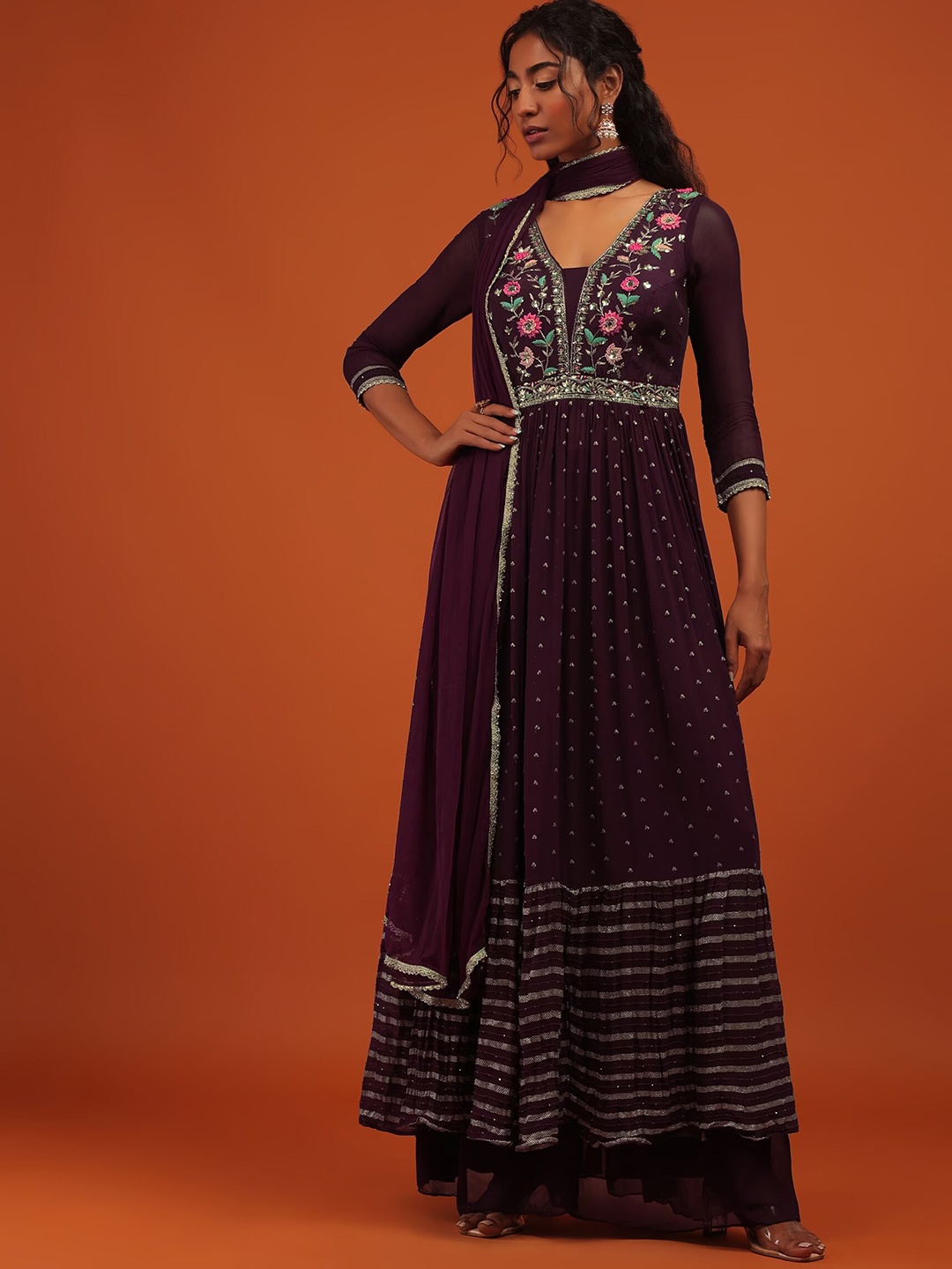 

KALKI Fashion Floral Embroidered Empire Sequinned Kurta With Palazzos & Dupatta, Burgundy