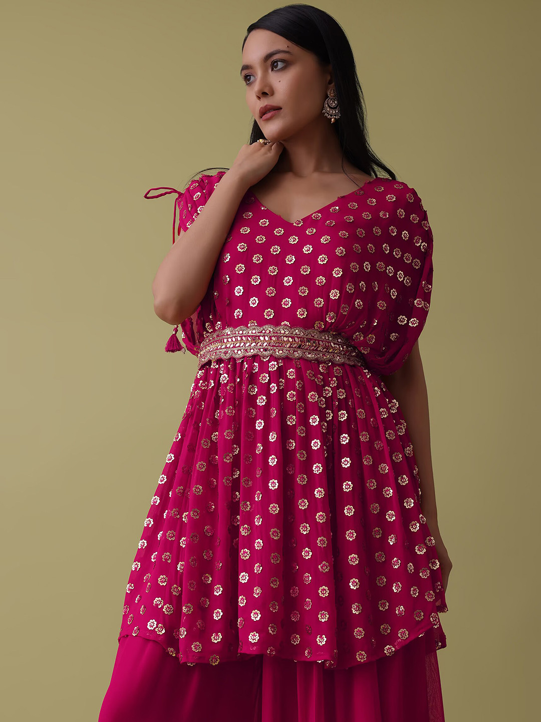 

KALKI Fashion Ethnic Motifs Embroidered Sequinned A-Line Kurti With Palazzos & Belt, Red