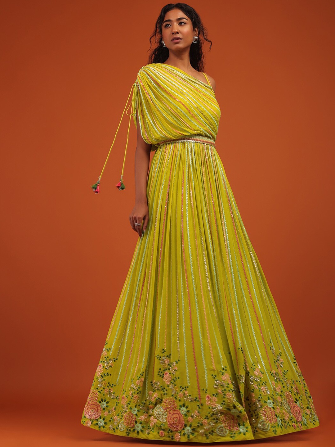 

KALKI Fashion Striped Asymmetric Neck Extended Sleeves Gown Ethnic Dresses, Green