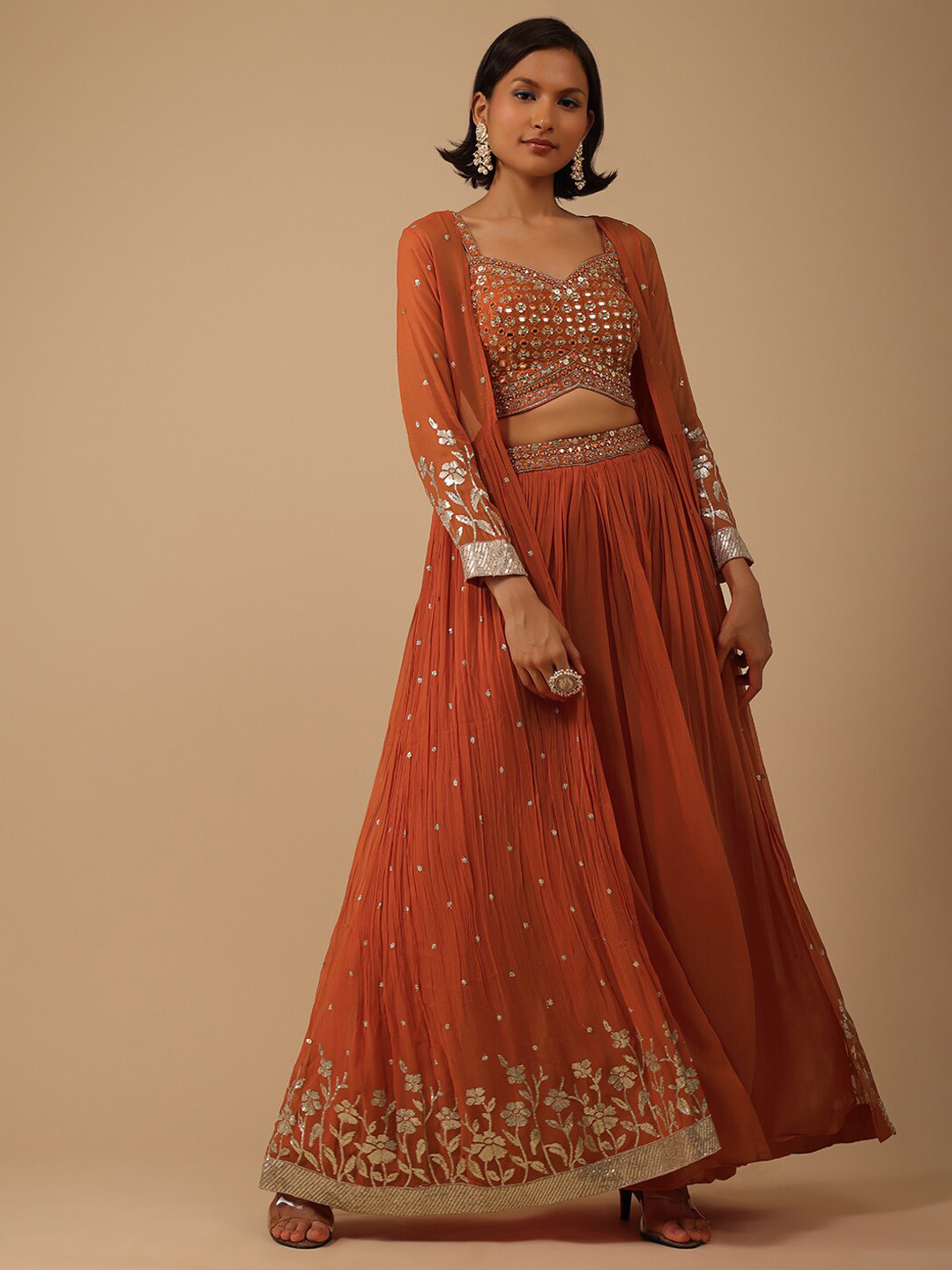 

KALKI Fashion Embellished Mirror Work Crop Top & Skirt With Shrug, Orange